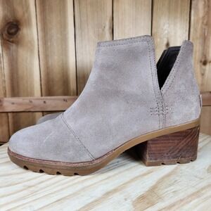 Sorel Cate Cut-Out Bootie Womens 7.5 Beige Block Heel Boots Casual Suede